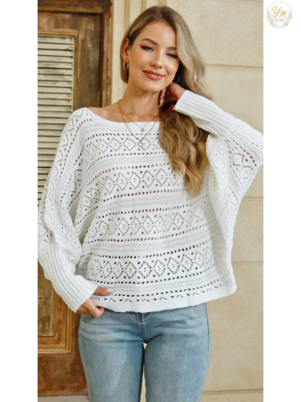 Off Shoulder Crochet Dolman Sleeve Sweater Oversized Boat Neck Long Sleeve